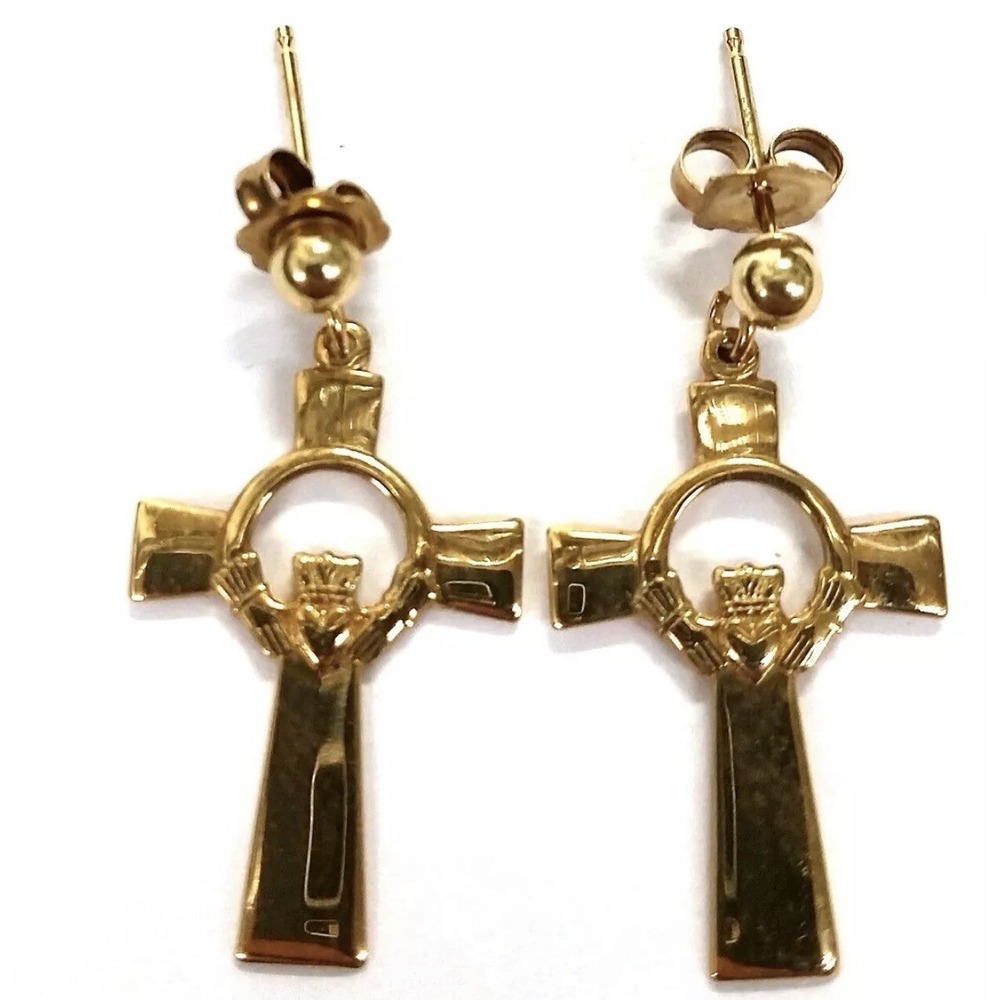 Vtg Sol D'or Irish Celtic Cross Claddagh 14k Yellow Gold Ireland Dangle Earrings